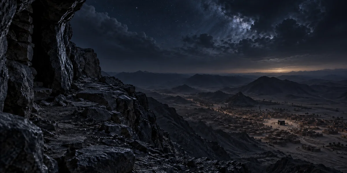 a pov from the cave of hiraa looking towards kaaba in mecca