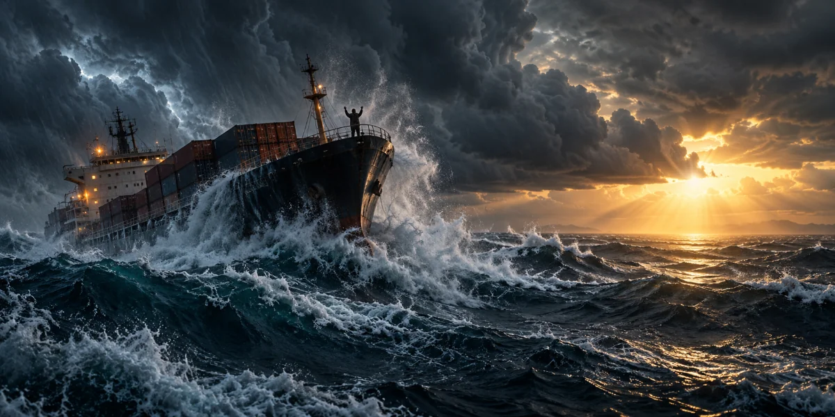 A man raises his hands in prayer aboard a cargo ship amid rough waves, as golden sunlight breaks through dark storm clouds.