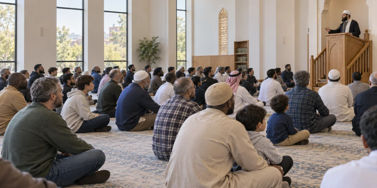 Men and boys of different ages and backgrounds sit in a modern mosque, listening to an imam deliver the Friday sermon.