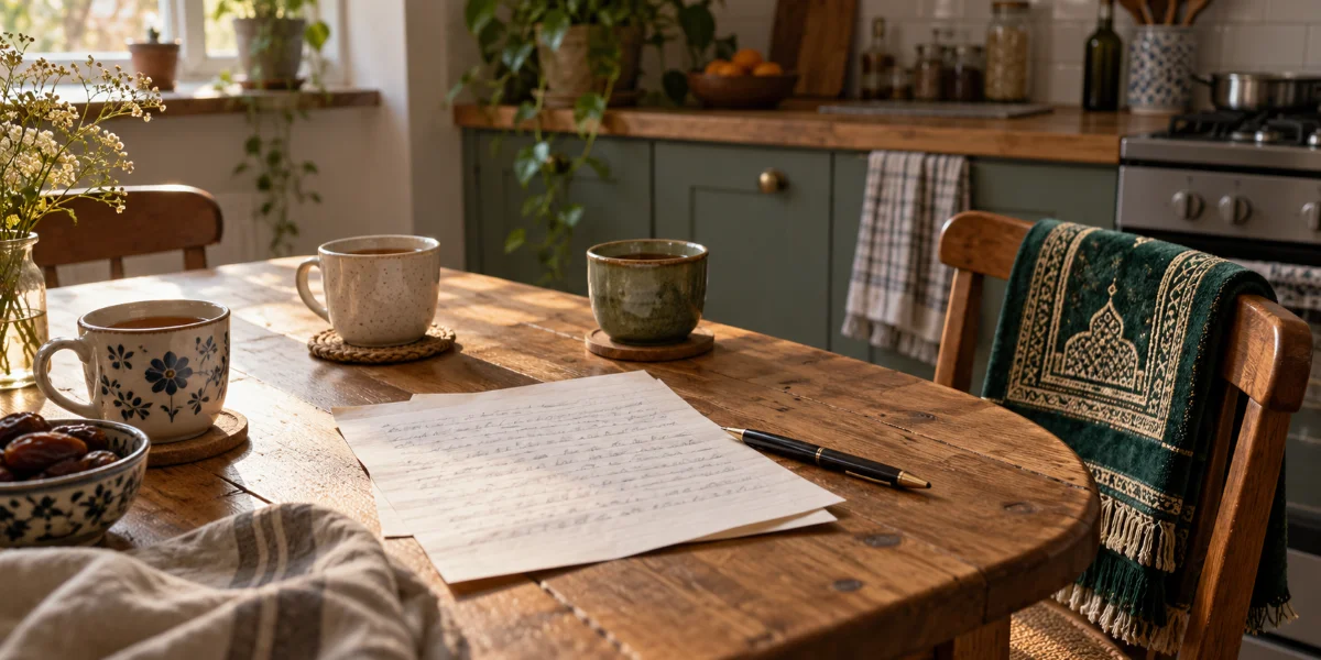 Handwritten letter and three cups of tea on a wooden kitchen table, with a folded prayer mat draped over a nearby chair.