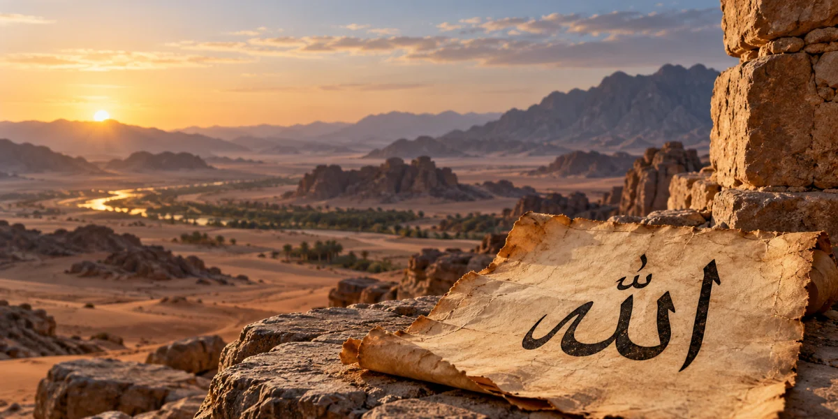 Arabic calligraphy of Allah on weathered parchment overlooking a desert valley at sunrise.