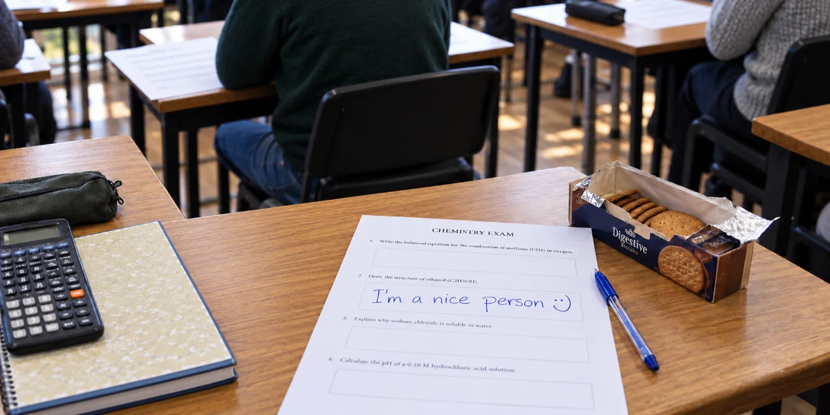 Unanswered chemistry exam with “I'm a nice person :)” handwritten on it, beside an open box of biscuits in a classroom.